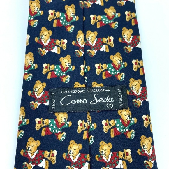 Como Seda Necktie Christmas Bear in Polka Dot Pj's Navy Blue Green Red White Tie - Picture 5 of 9
